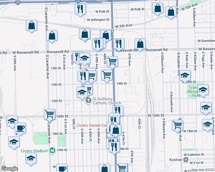 map of restaurants, bars, coffee shops, grocery stores, and more near 1405 48th Court in Cicero