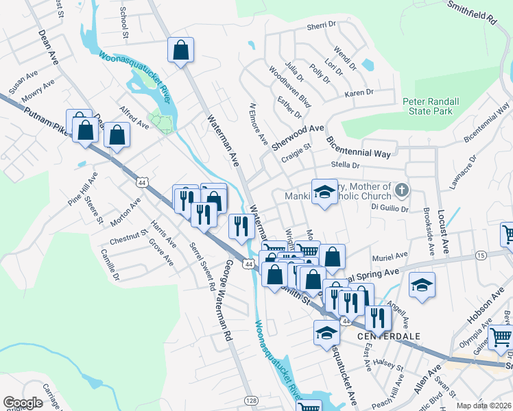 map of restaurants, bars, coffee shops, grocery stores, and more near 83 Waterman Avenue in North Providence