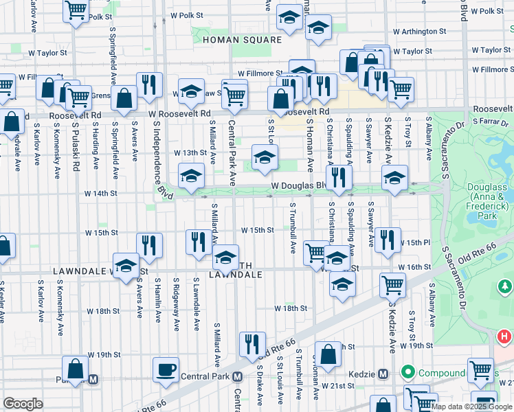 map of restaurants, bars, coffee shops, grocery stores, and more near 1409 South Drake Avenue in Chicago