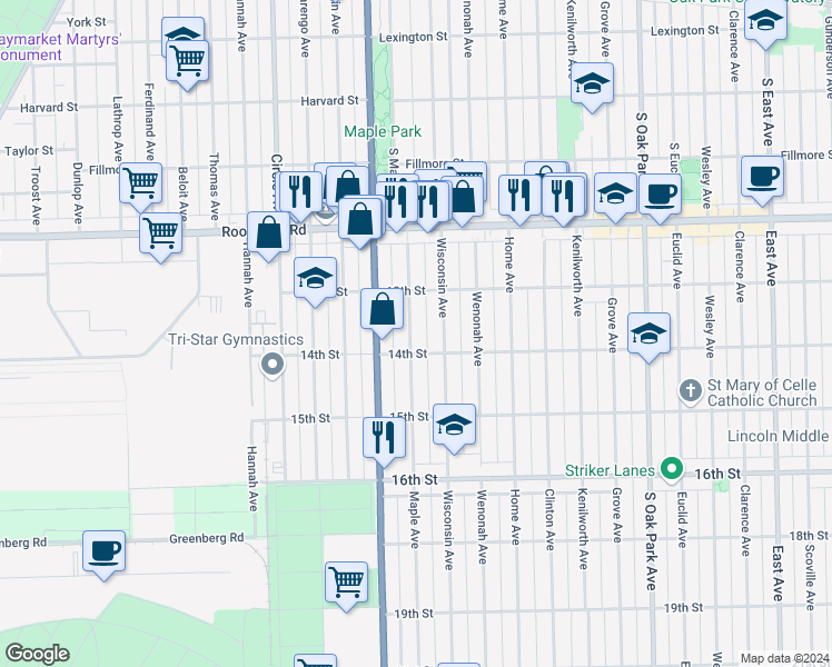map of restaurants, bars, coffee shops, grocery stores, and more near 1333 Maple Avenue in Berwyn