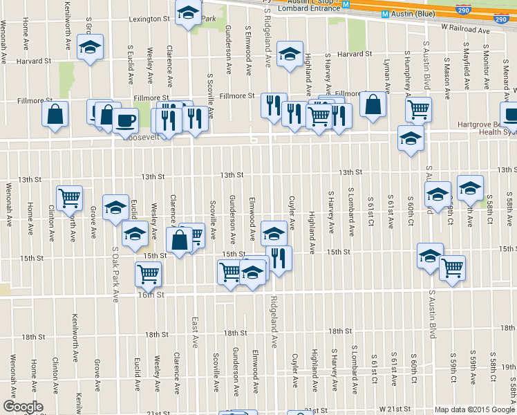 map of restaurants, bars, coffee shops, grocery stores, and more near 1341 Elmwood Avenue in Berwyn