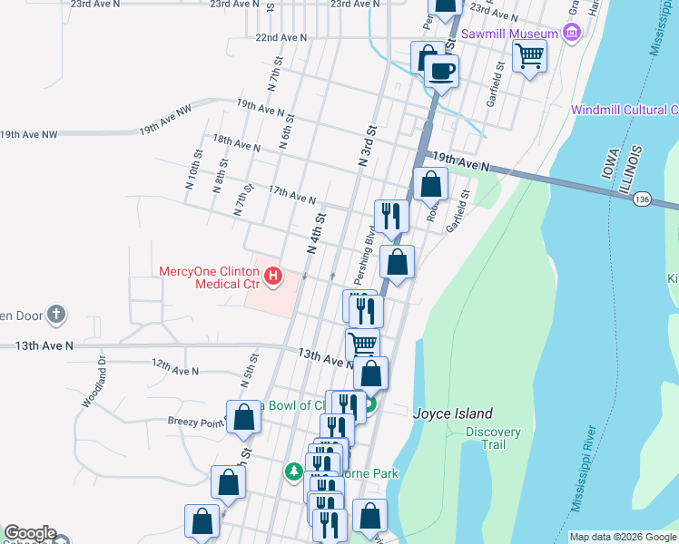 map of restaurants, bars, coffee shops, grocery stores, and more near 1511 North 3rd Street in Clinton