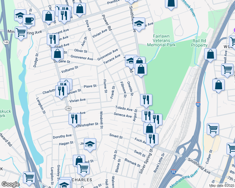 map of restaurants, bars, coffee shops, grocery stores, and more near 55 Trieste Street in Pawtucket