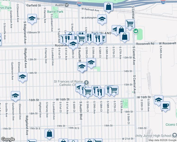 map of restaurants, bars, coffee shops, grocery stores, and more near 1347 South 59th Court in Cicero