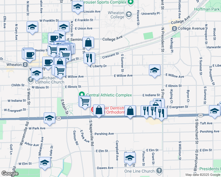 map of restaurants, bars, coffee shops, grocery stores, and more near 430 East Illinois Street in Wheaton