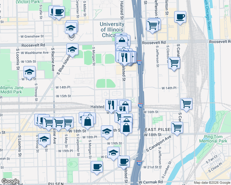 map of restaurants, bars, coffee shops, grocery stores, and more near 832 West Village Court in Chicago