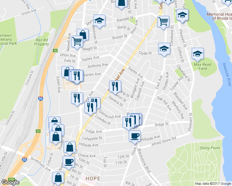 map of restaurants, bars, coffee shops, grocery stores, and more near 87 Newton Street in Pawtucket