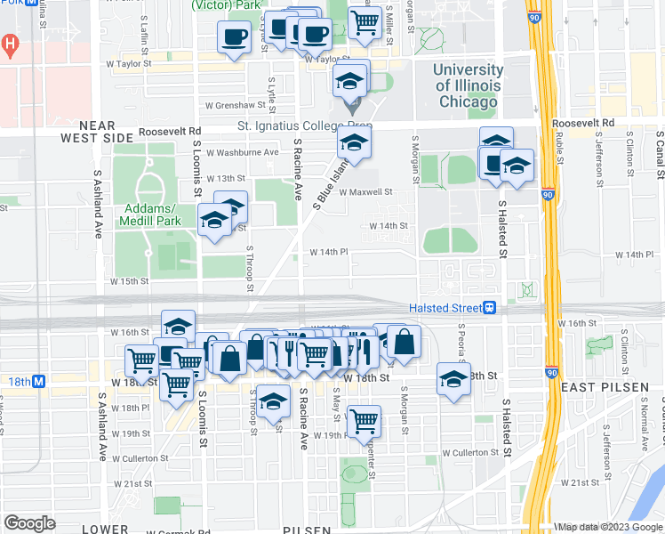 map of restaurants, bars, coffee shops, grocery stores, and more near 1111 West 14th Place in Chicago