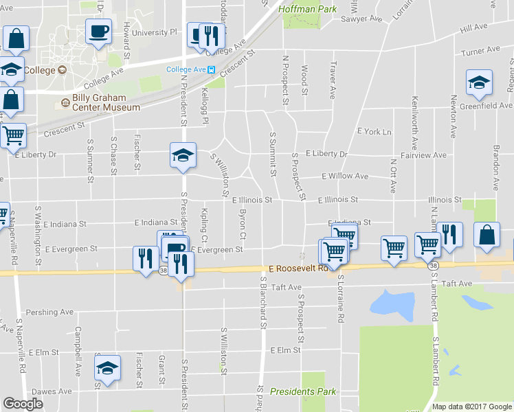 map of restaurants, bars, coffee shops, grocery stores, and more near 406 South Blanchard Street in Wheaton