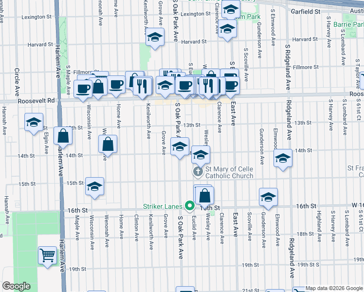map of restaurants, bars, coffee shops, grocery stores, and more near 1337 South Oak Park Avenue in Berwyn