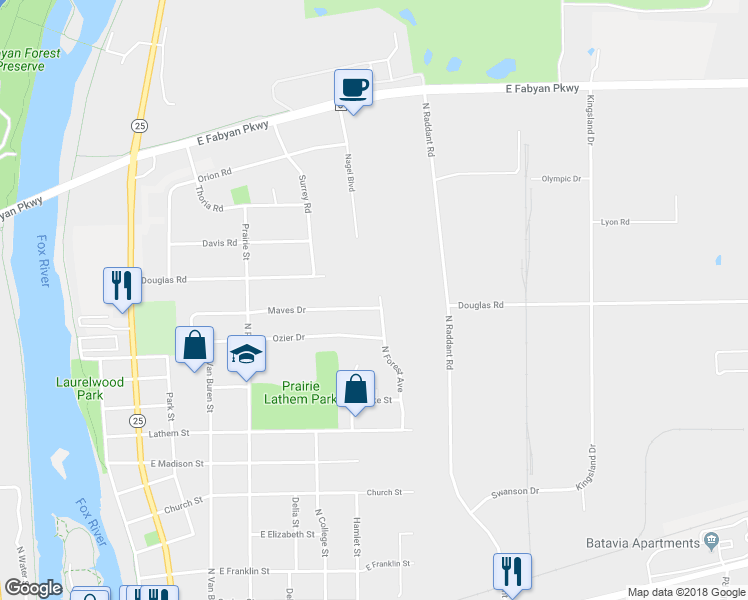 map of restaurants, bars, coffee shops, grocery stores, and more near 731 Maves Drive in Batavia