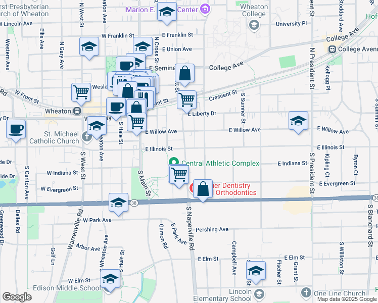 map of restaurants, bars, coffee shops, grocery stores, and more near 304 East Illinois Street in Wheaton