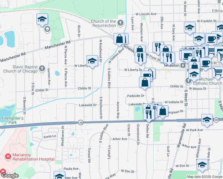 map of restaurants, bars, coffee shops, grocery stores, and more near 403 South Gables Boulevard in Wheaton