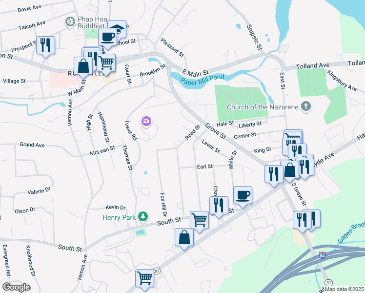 map of restaurants, bars, coffee shops, grocery stores, and more near 17 Reed Street in Vernon
