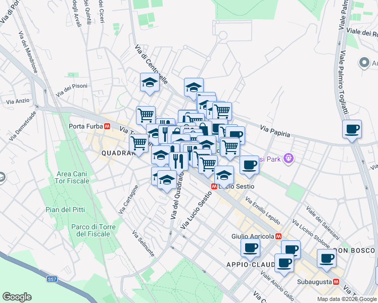 map of restaurants, bars, coffee shops, grocery stores, and more near 15 Via Licinio Murena in Roma