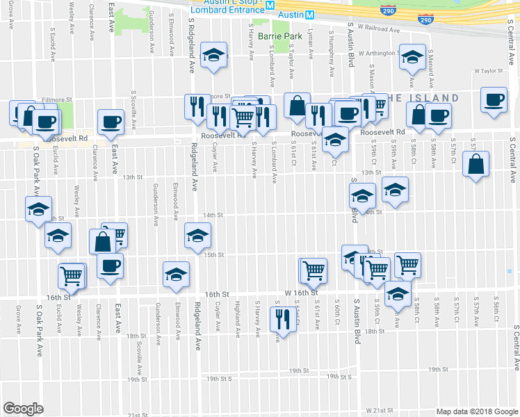 map of restaurants, bars, coffee shops, grocery stores, and more near 1345 South Harvey Avenue in Berwyn
