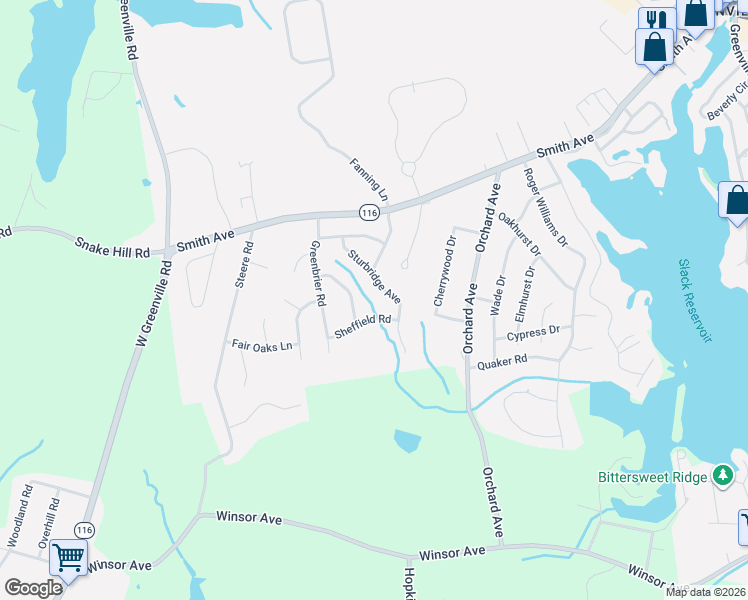 map of restaurants, bars, coffee shops, grocery stores, and more near 10 Sheffield Road in Smithfield