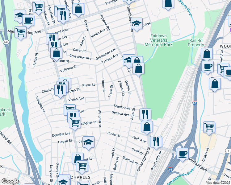 map of restaurants, bars, coffee shops, grocery stores, and more near 55 Trieste Street in Pawtucket