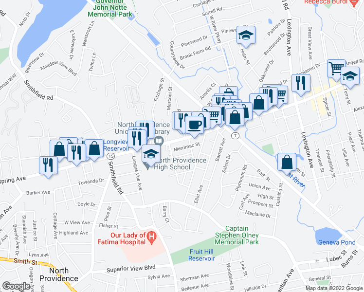 map of restaurants, bars, coffee shops, grocery stores, and more near 7 Merrimac Street in North Providence