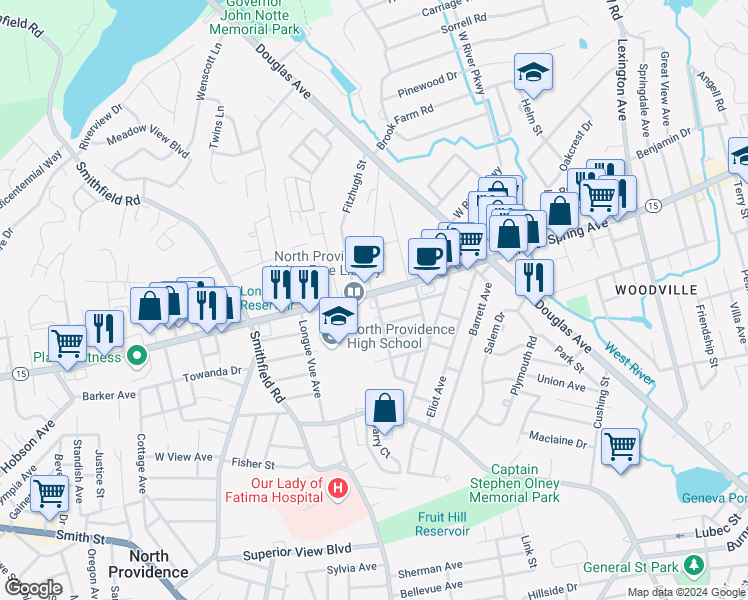 map of restaurants, bars, coffee shops, grocery stores, and more near 1811 Rhode Island 15 in North Providence