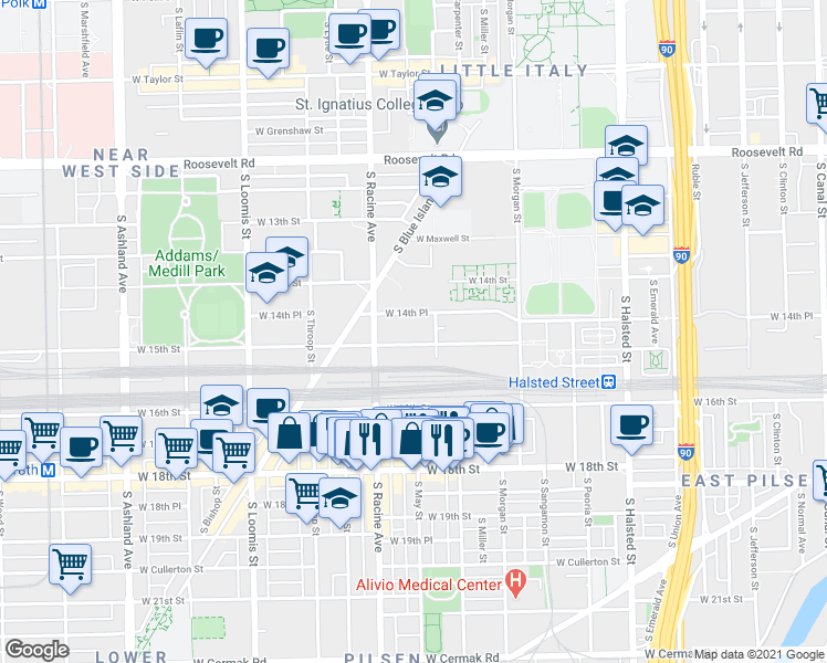 map of restaurants, bars, coffee shops, grocery stores, and more near 131 West 15th Street in Chicago