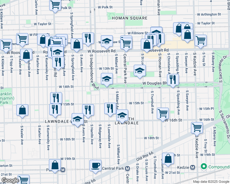 map of restaurants, bars, coffee shops, grocery stores, and more near 3643 West Douglas Boulevard in Chicago