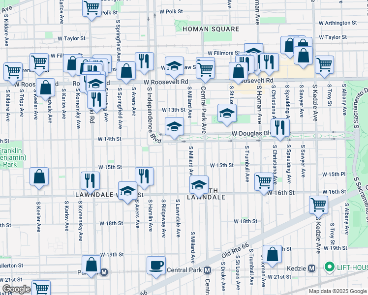 map of restaurants, bars, coffee shops, grocery stores, and more near 3643 West Douglas Boulevard in Chicago