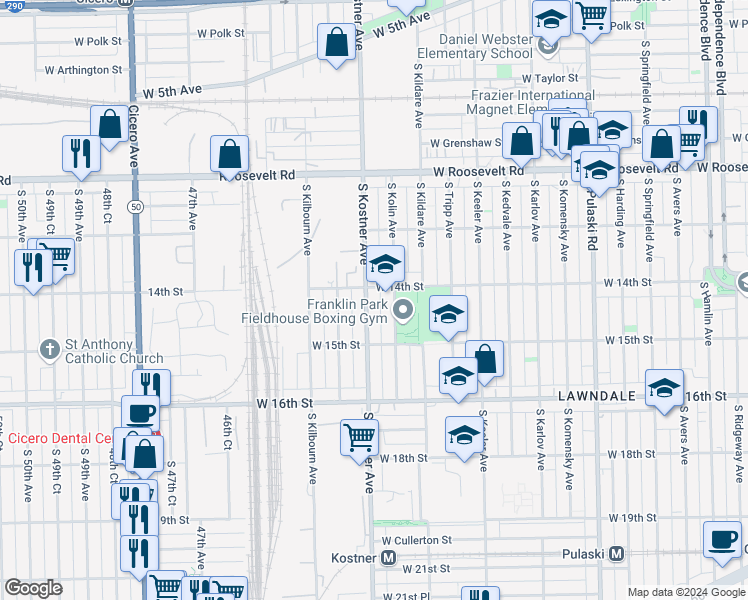 map of restaurants, bars, coffee shops, grocery stores, and more near 1410 South Kostner Avenue in Chicago