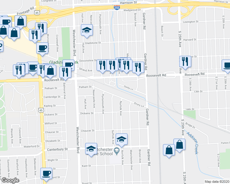 map of restaurants, bars, coffee shops, grocery stores, and more near 1308 Suffolk Avenue in Westchester