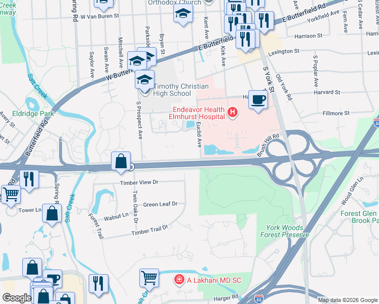map of restaurants, bars, coffee shops, grocery stores, and more near 123 West Brush Hill Road in Elmhurst