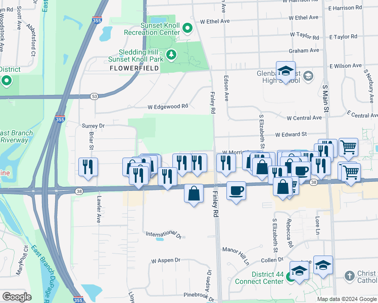 map of restaurants, bars, coffee shops, grocery stores, and more near 22 Cheltenhan Drive in Glen Ellyn