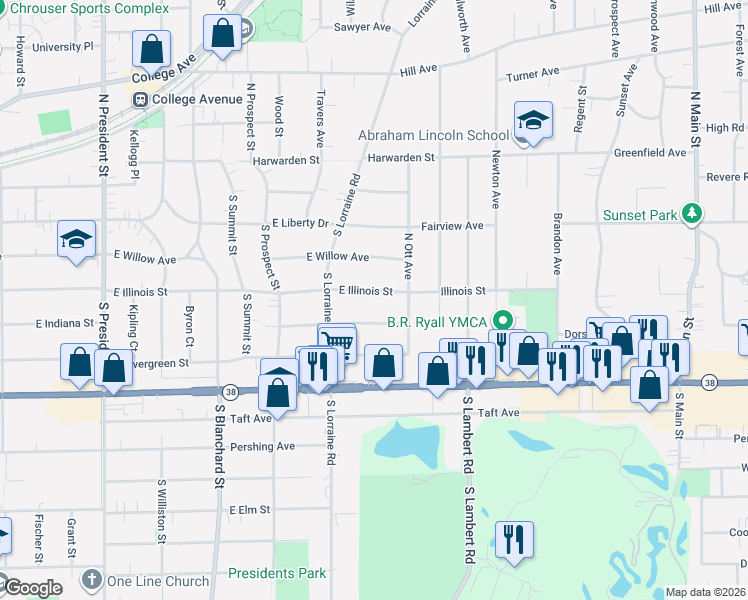 map of restaurants, bars, coffee shops, grocery stores, and more near 1912 East Illinois Street in Wheaton
