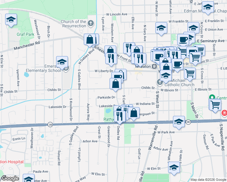 map of restaurants, bars, coffee shops, grocery stores, and more near 708 Childs Street in Wheaton