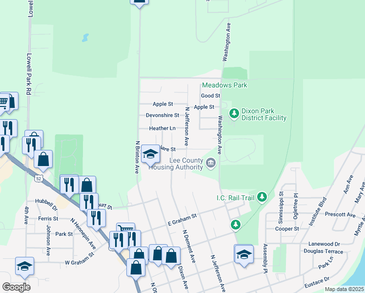 map of restaurants, bars, coffee shops, grocery stores, and more near 515 Marclare Street in Dixon