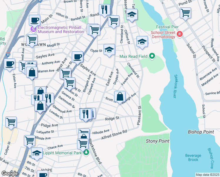 map of restaurants, bars, coffee shops, grocery stores, and more near 75 Dryden Avenue in Pawtucket