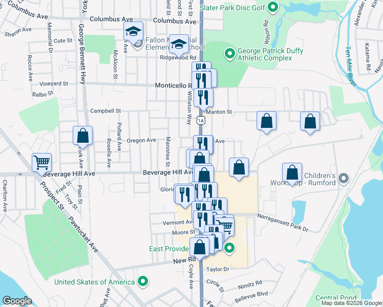 map of restaurants, bars, coffee shops, grocery stores, and more near 358 Williston Way in Pawtucket