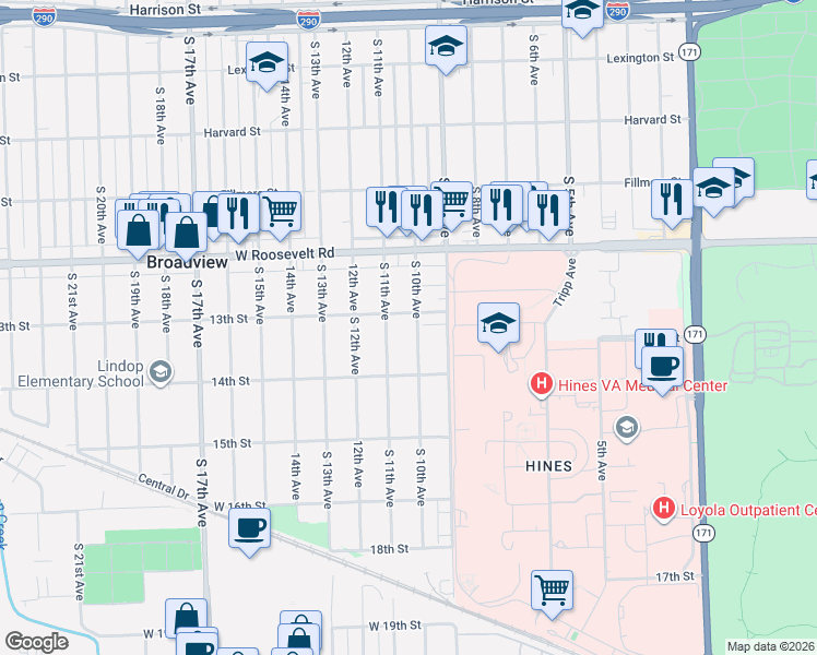 map of restaurants, bars, coffee shops, grocery stores, and more near 2308 South 10th Avenue in Broadview