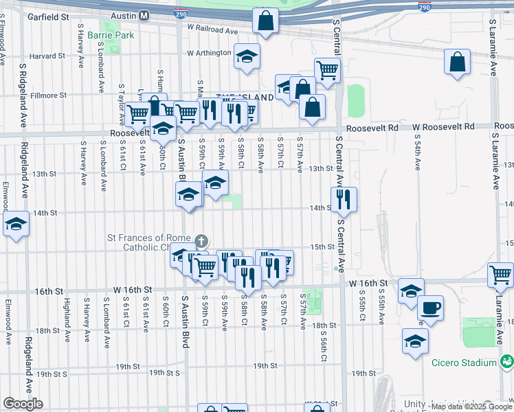 map of restaurants, bars, coffee shops, grocery stores, and more near 1348 South 58th Avenue in Cicero