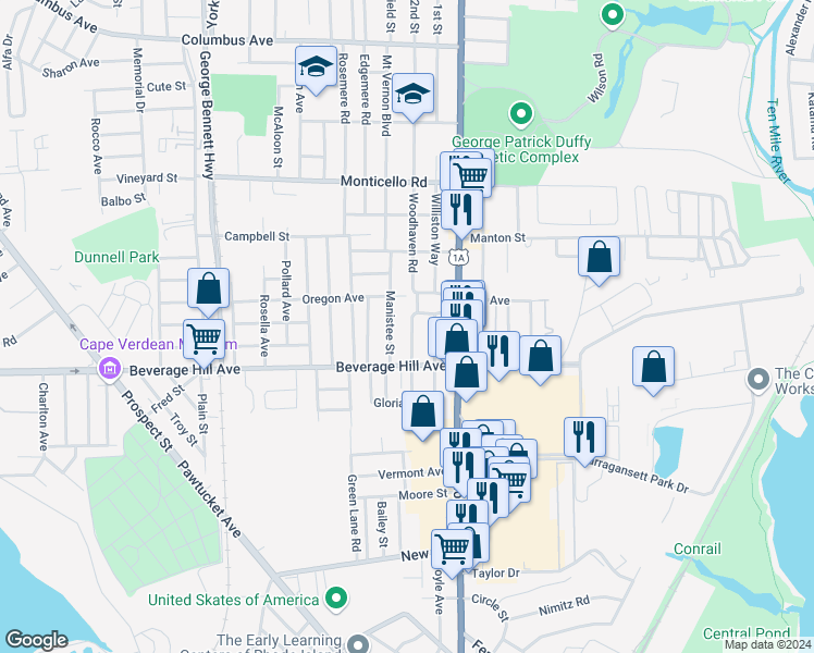 map of restaurants, bars, coffee shops, grocery stores, and more near 363 Woodhaven Rd in Pawtucket