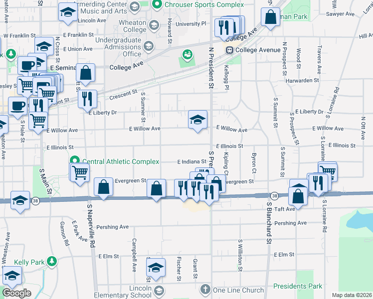map of restaurants, bars, coffee shops, grocery stores, and more near 828 East Illinois Street in Wheaton