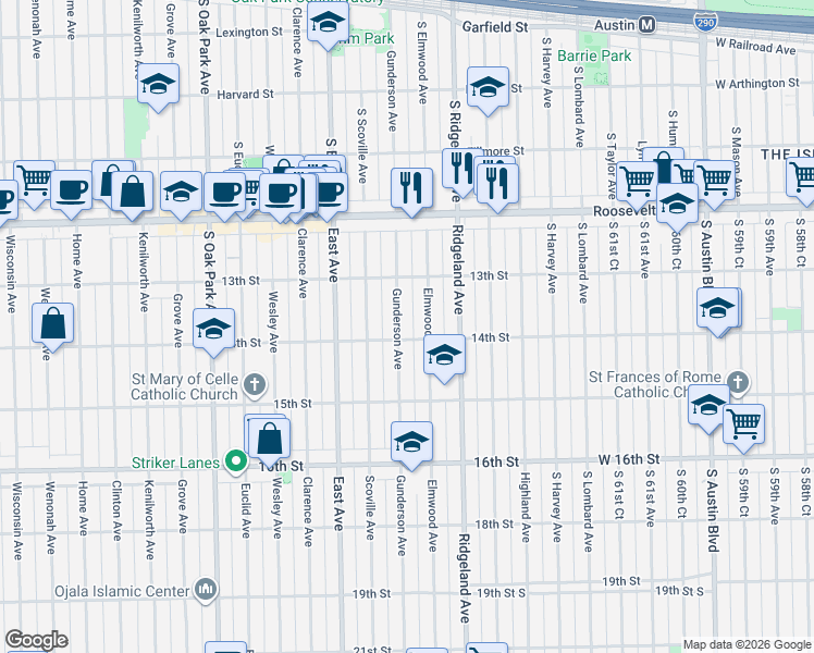map of restaurants, bars, coffee shops, grocery stores, and more near 1339 Gunderson Avenue in Berwyn