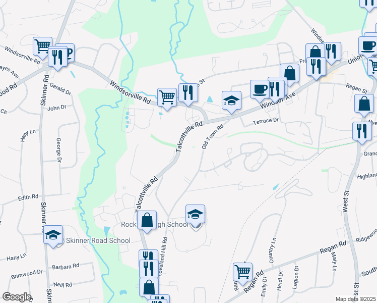 map of restaurants, bars, coffee shops, grocery stores, and more near 784 Talcottville Road in Vernon