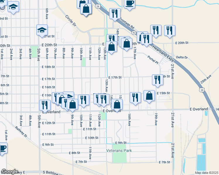 map of restaurants, bars, coffee shops, grocery stores, and more near 1514 14th Avenue in Scottsbluff