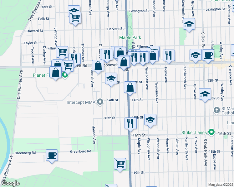 map of restaurants, bars, coffee shops, grocery stores, and more near 1331 Elgin Avenue in Forest Park