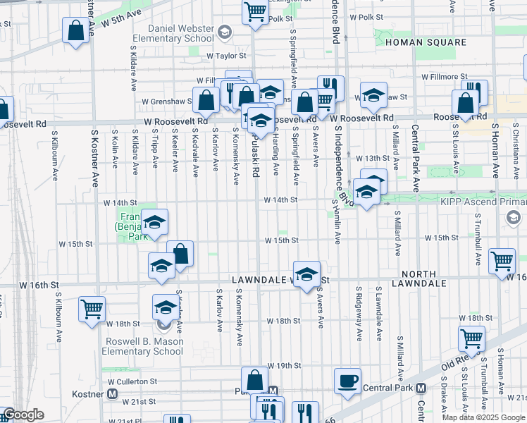 map of restaurants, bars, coffee shops, grocery stores, and more near 1415 S Pulaski Rd in Chicago