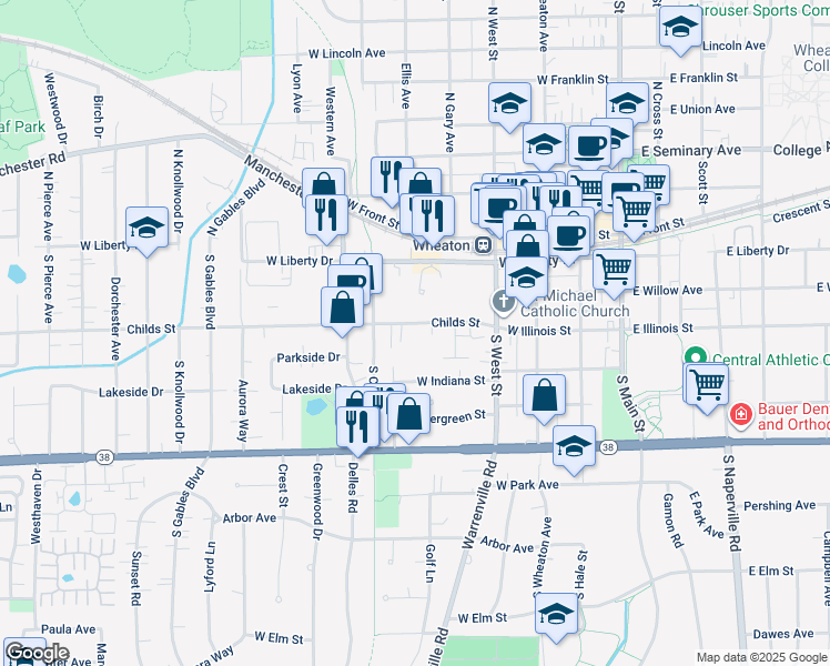 map of restaurants, bars, coffee shops, grocery stores, and more near 604 Childs Street in Wheaton