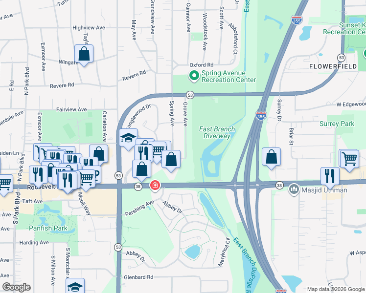 map of restaurants, bars, coffee shops, grocery stores, and more near 70 Grove Avenue in Glen Ellyn