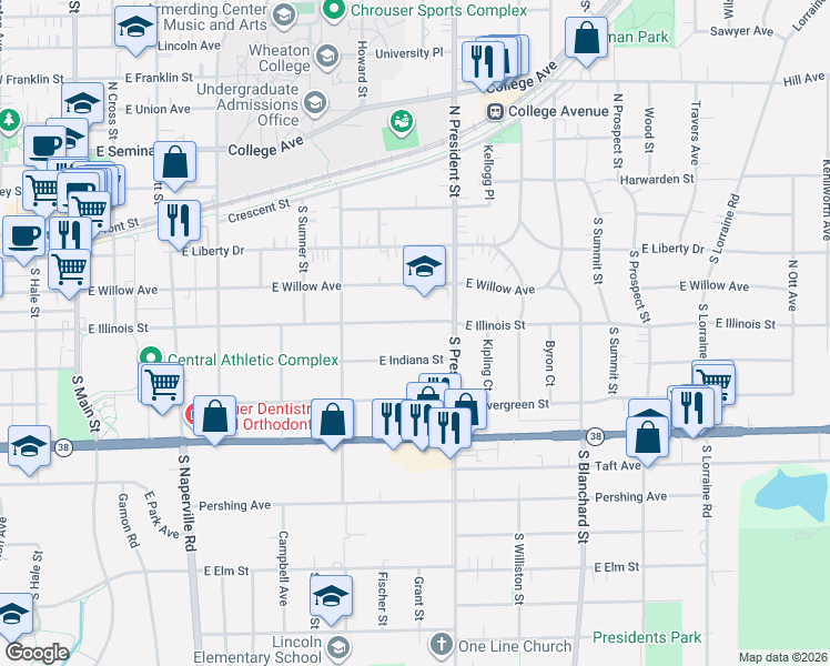 map of restaurants, bars, coffee shops, grocery stores, and more near 828 East Illinois Street in Wheaton