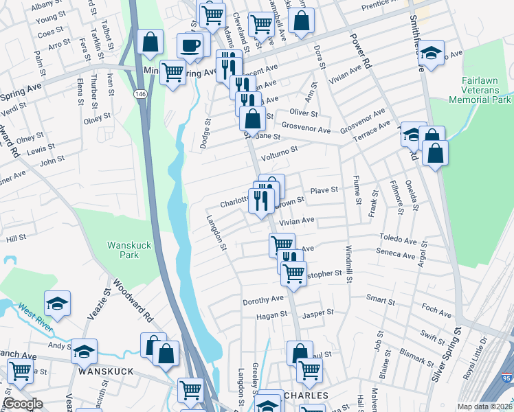 map of restaurants, bars, coffee shops, grocery stores, and more near 11 Roosevelt Street in North Providence
