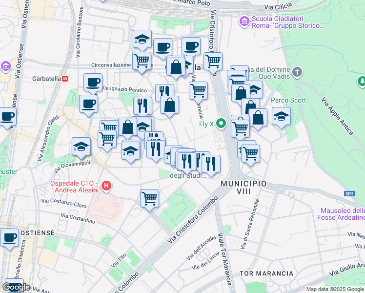 map of restaurants, bars, coffee shops, grocery stores, and more near 2 Via Carlo Spinola in Roma